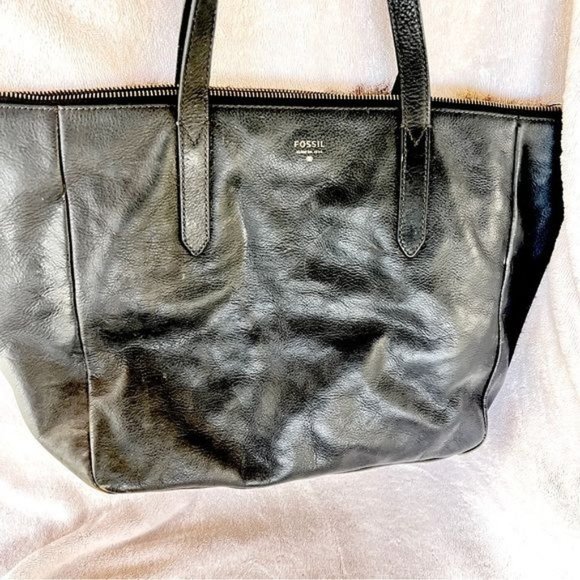 FOSSIL Large Black Leather Purse Satchel Bag - Picture 1 of 5
